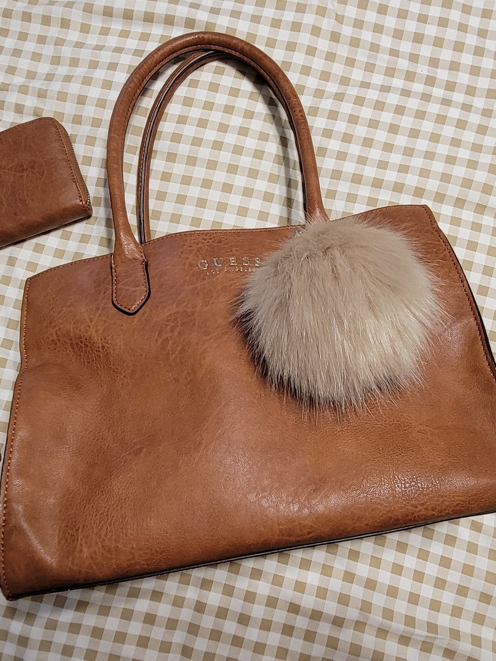 GUESS Tan Brown Tote with Beige Faux Fur Pom Pom Charm And Matching Wallet